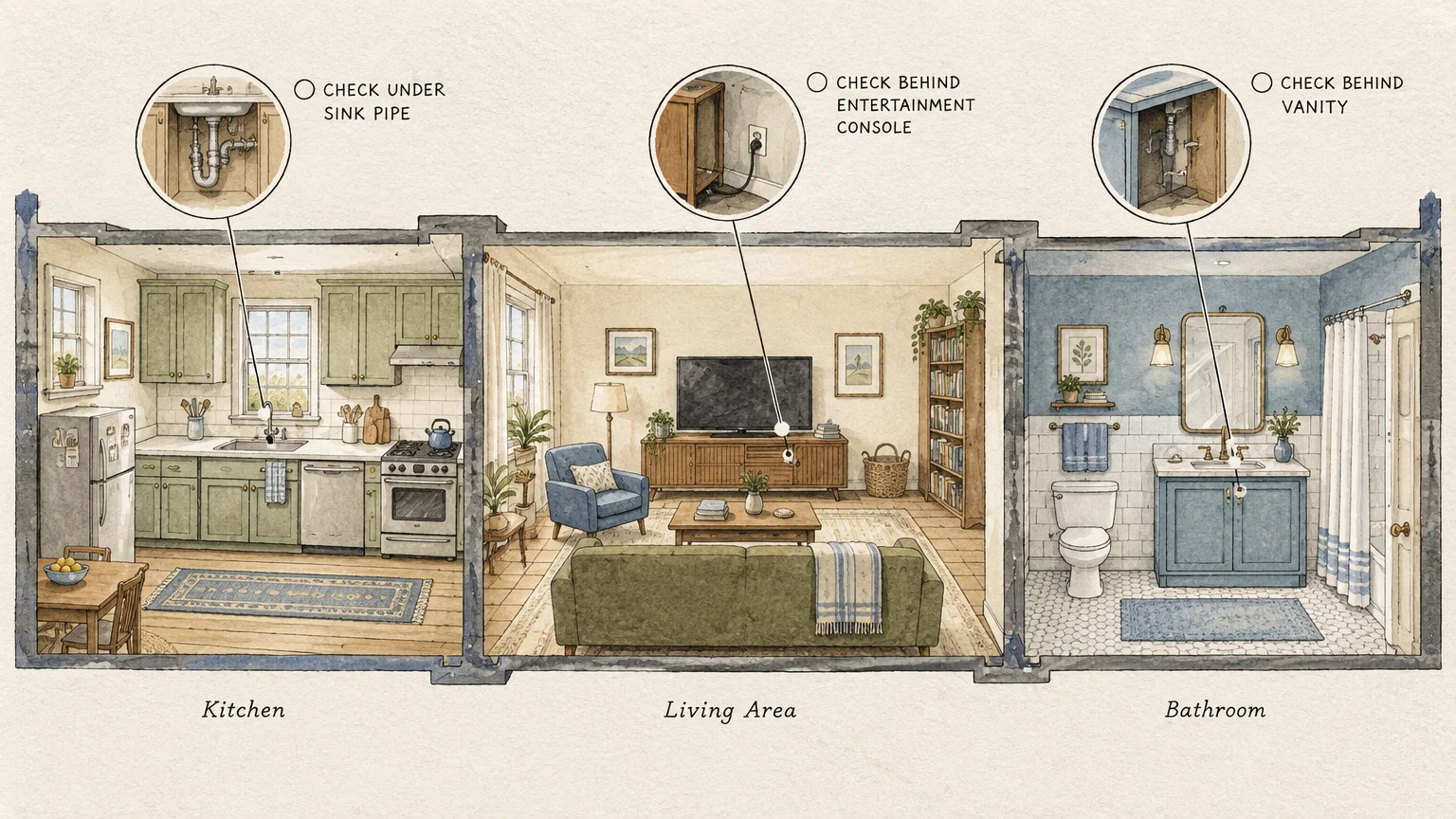 Cutaway illustration of a kitchen, living area, and bathroom with callout circles highlighting plumbing and console inspection spots.