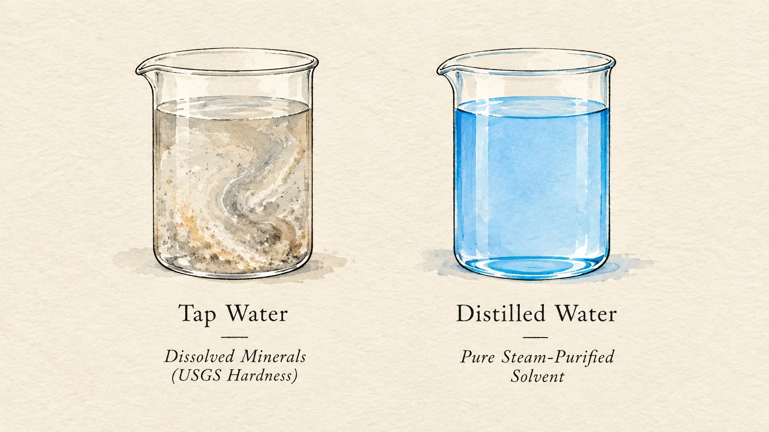 Watercolor illustration of two glass beakers comparing cloudy tap water with clear blue distilled water.