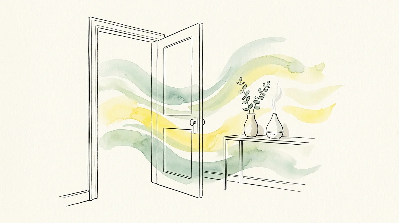 Watercolor illustration of an open doorway with green and yellow air currents, a plant vase, and an aroma diffuser.