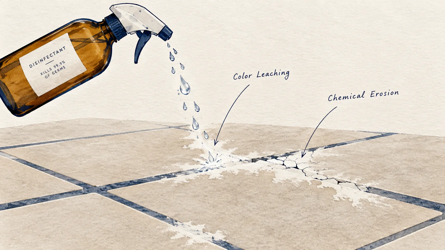 Illustration of a disinfectant spray bottle dripping liquid onto tile grout, causing cracked lines and bleached patches.