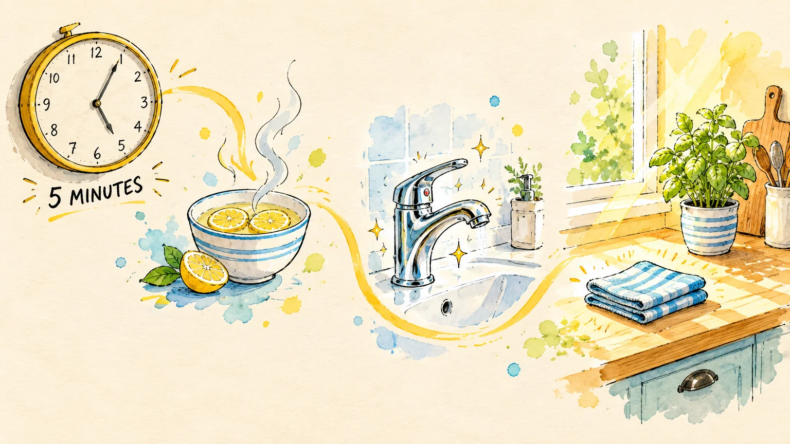 Watercolor illustration of a clock marked 5 minutes, a steaming bowl with lemon slices, a sink, and a clean counter.