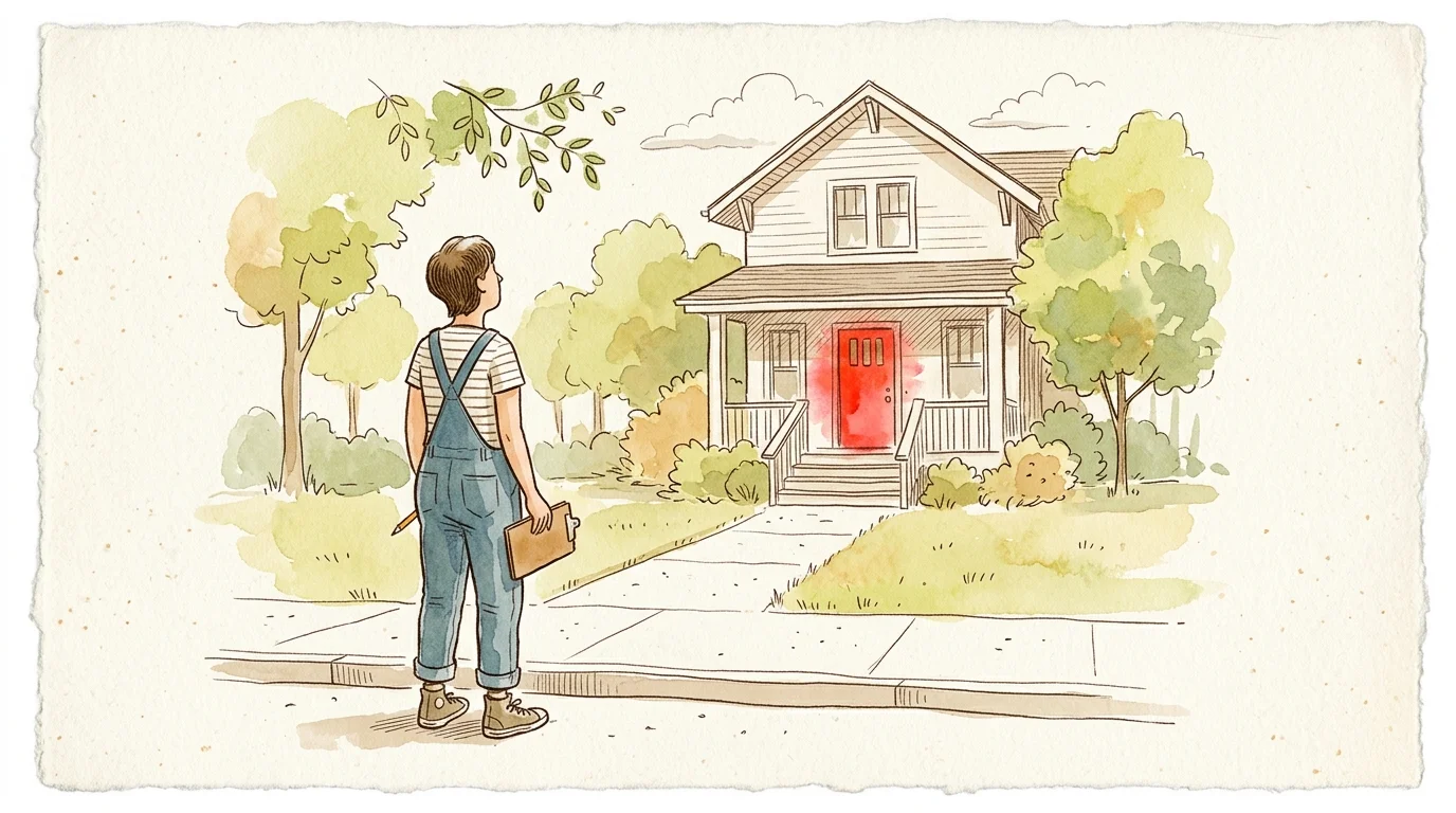 Watercolor illustration of a person with a clipboard standing at the street curb, looking up at a house with a red front door.