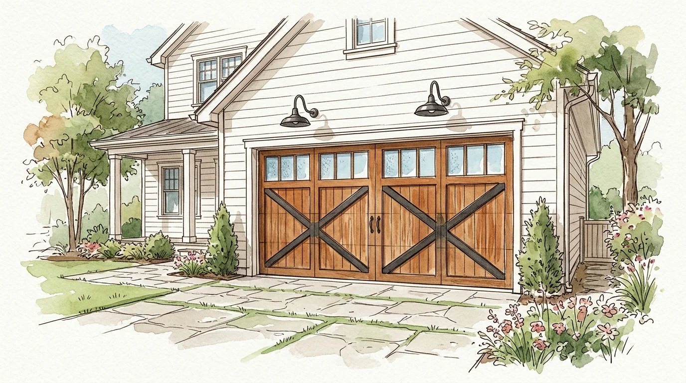 Watercolor sketch of a white house featuring a wooden carriage-style garage door with black X-brace accents and lanterns.