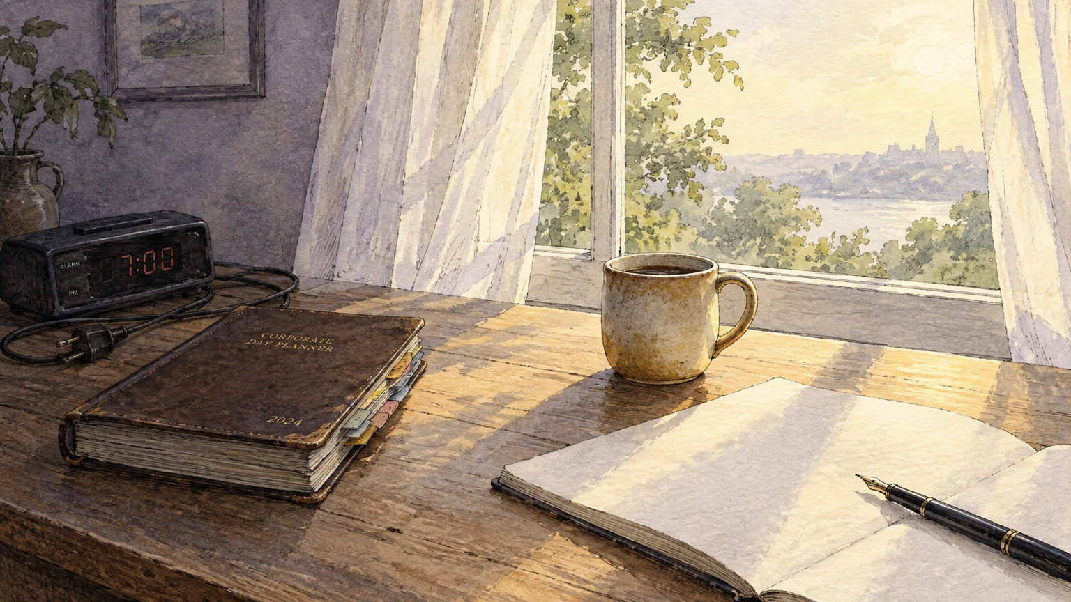 Sunlit desk by a window with an unplugged digital clock, closed corporate planner, coffee mug, and open blank notebook.