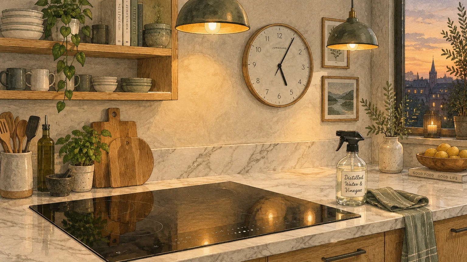 Illustration of a warm kitchen counter with a glass stovetop, wall clock, cloth, and spray bottle labeled vinegar and water.