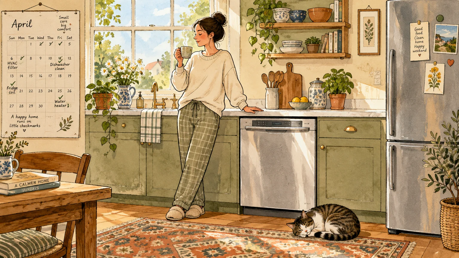 Cozy kitchen illustration of a woman drinking coffee by a sunlit window next to a wall calendar and dishwasher.