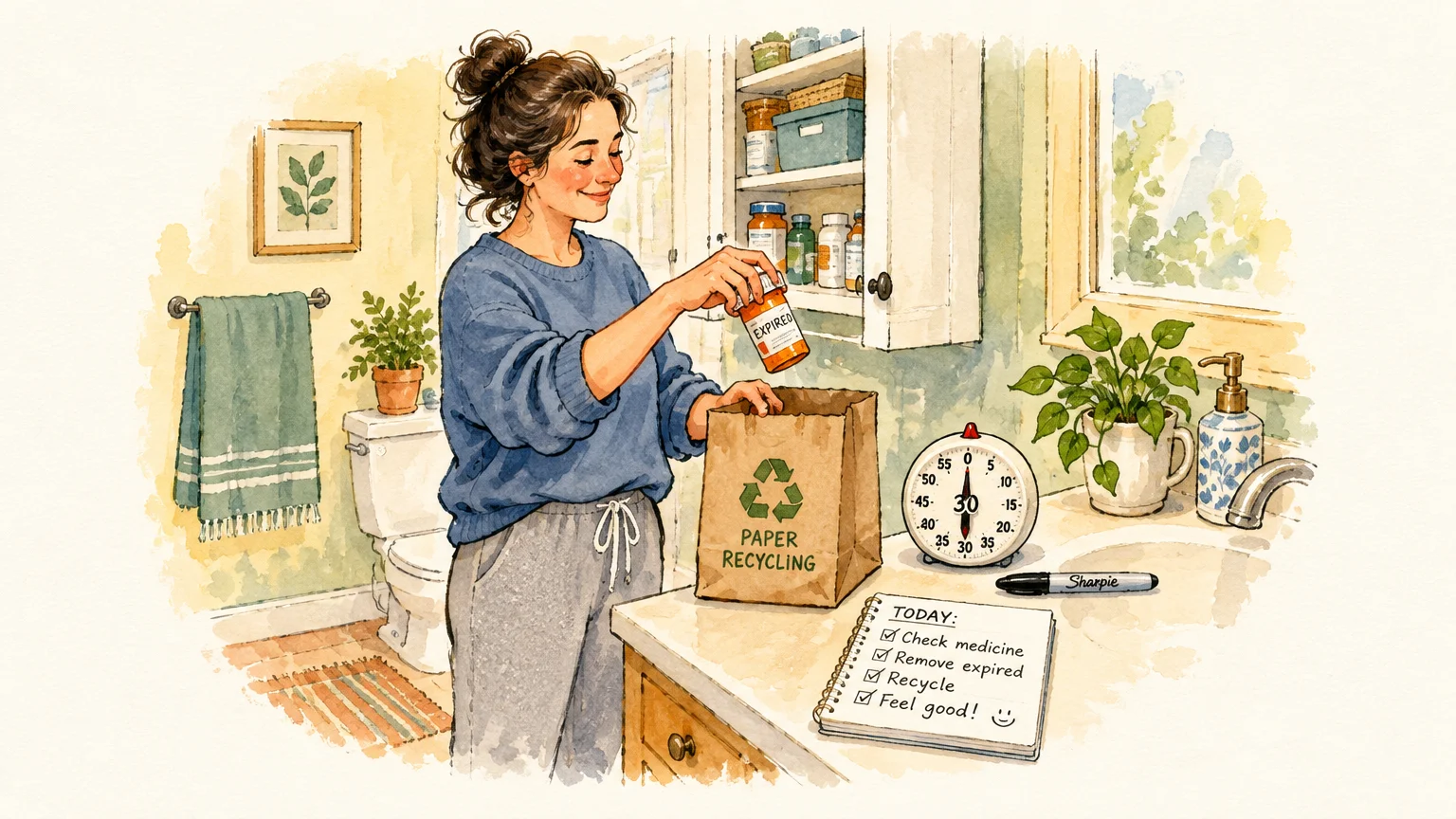 Watercolor illustration of a woman putting an expired pill bottle into a paper recycling bag in her bathroom.