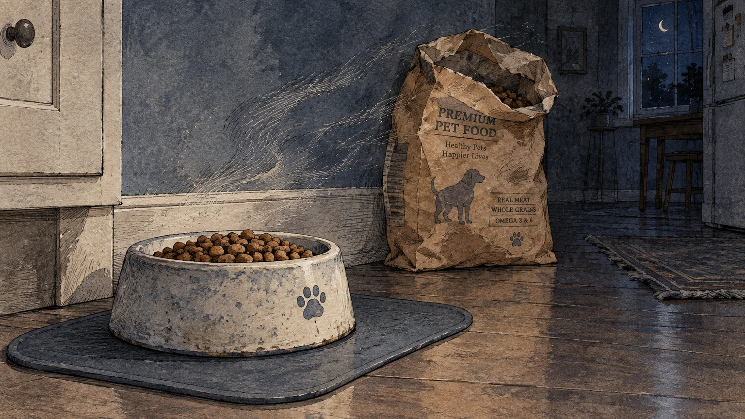 Ink and watercolor illustration of a pet food bowl and an open paper bag of kibble on a wooden kitchen floor at night.