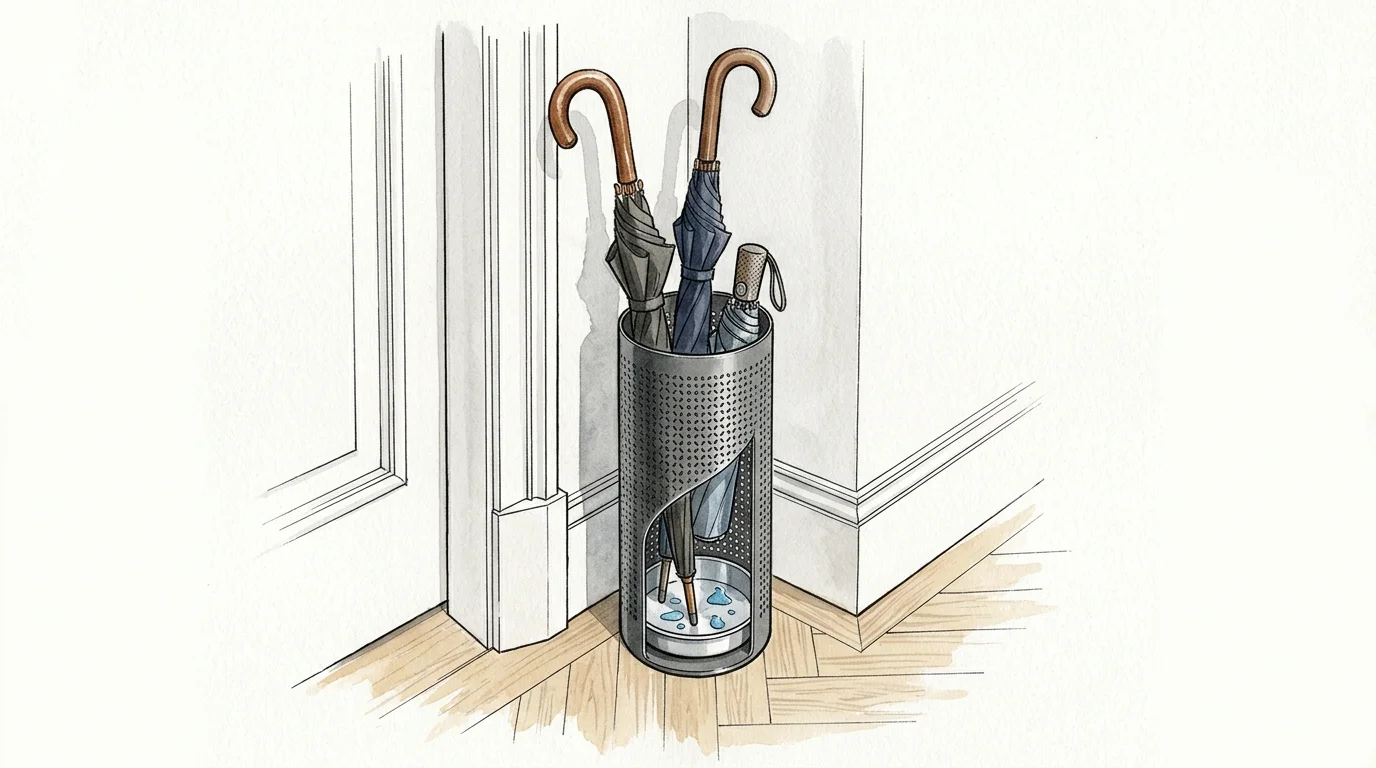 Illustration of a perforated cylindrical metal umbrella stand with three umbrellas and a visible drip basin at the base.
