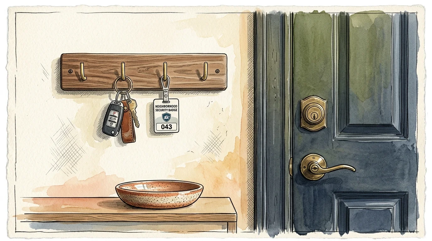 Illustration of a wooden key rack with keys and badge beside a front door, above a console table with a bowl.