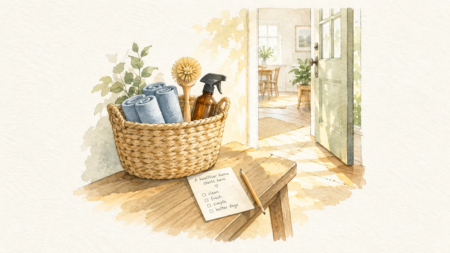 Watercolor illustration of a woven basket of cleaning supplies and a checklist on a wooden table by an open door.