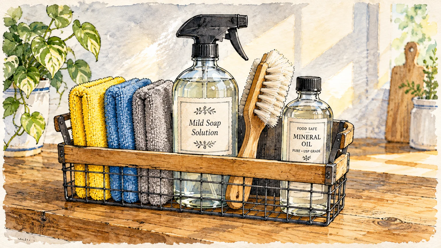Watercolor illustration of a wire basket holding folded cloths, a mild soap spray bottle, a brush, and mineral oil.