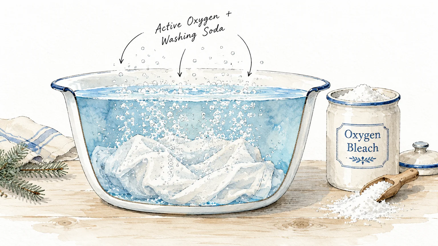 Watercolor illustration of white fabric soaking in a bubbling basin of water beside a jar labeled Oxygen Bleach.