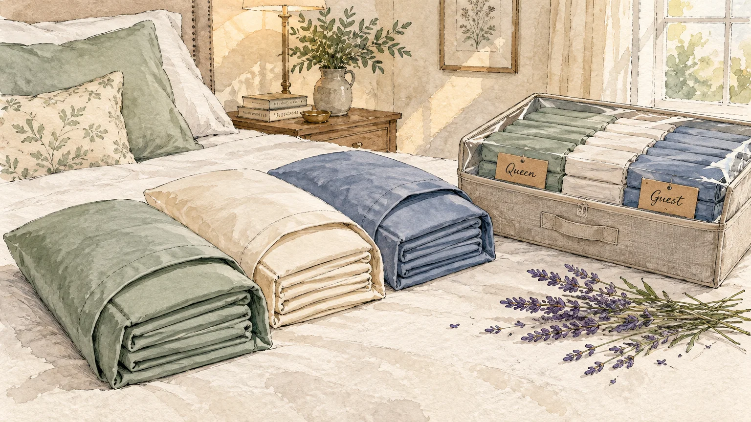 Watercolor illustration of folded bedding tucked inside pillowcases beside a fabric storage bin on a bed.