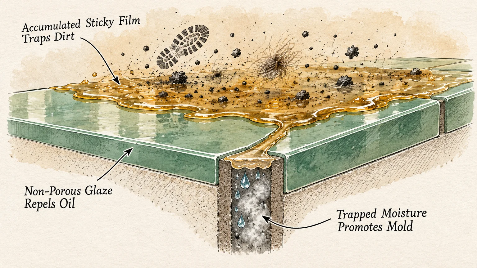 Diagram of ceramic tiles showing a sticky film collecting dirt on top and trapped moisture inside porous grout.