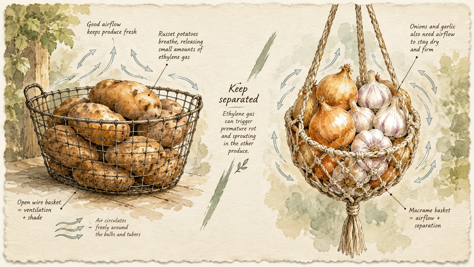 Watercolor diagram showing potatoes in a wire basket separated from onions and garlic in a hanging macrame basket.