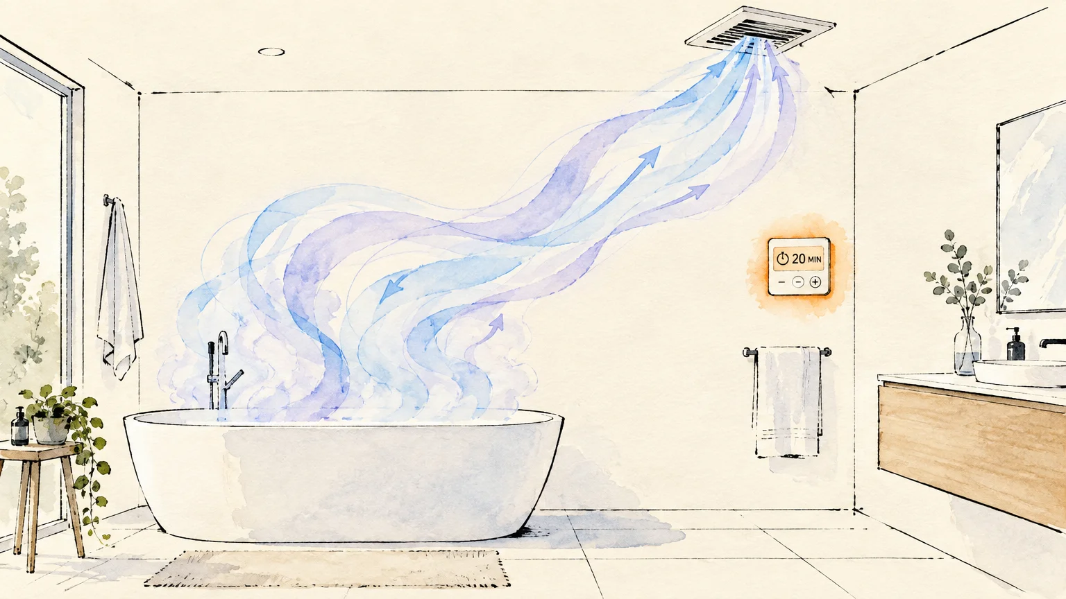 Watercolor illustration of steam rising from a modern bathtub toward a ceiling vent, beside a wall timer set to 20 min.