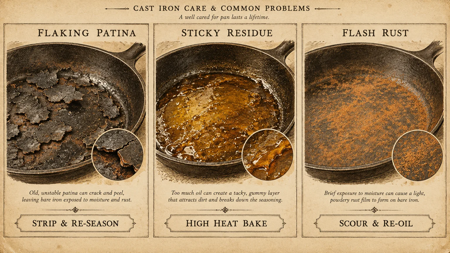 Three panels illustrating common cast iron skillet problems: flaking patina, sticky residue, and orange flash rust.