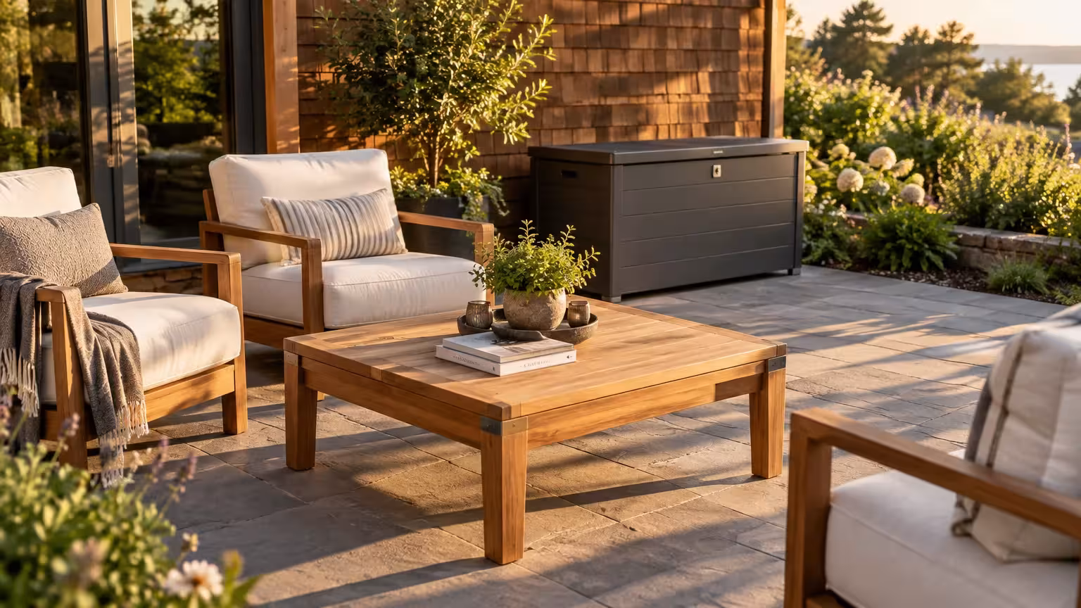 Wooden outdoor patio armchairs with white cushions surround a low square coffee table on a stone terrace at sunset.