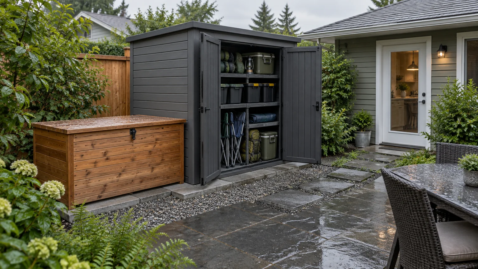 Open gray storage shed filled with gear beside a wooden deck box on a paved backyard patio.