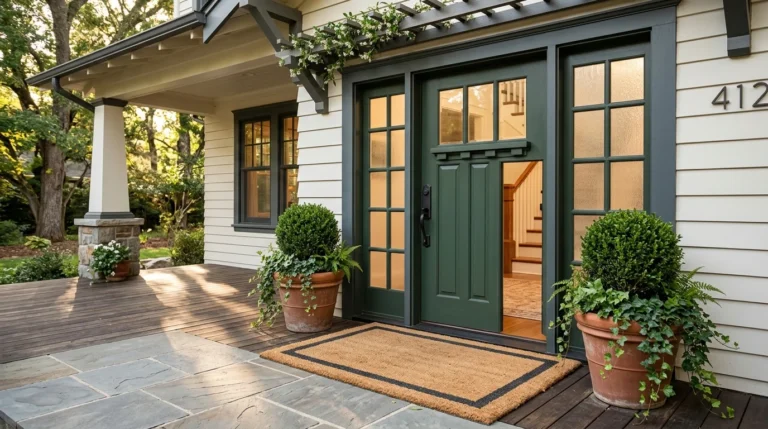 Craftsman home porch with an open dark green front door, sidelights, potted plants, and a woven doormat.