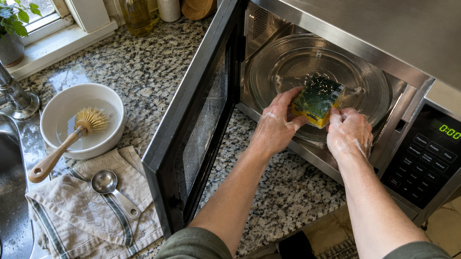 Overhead view of hands placing a wet cleaning sponge inside a microwave next to a kitchen sink and scrub brush.