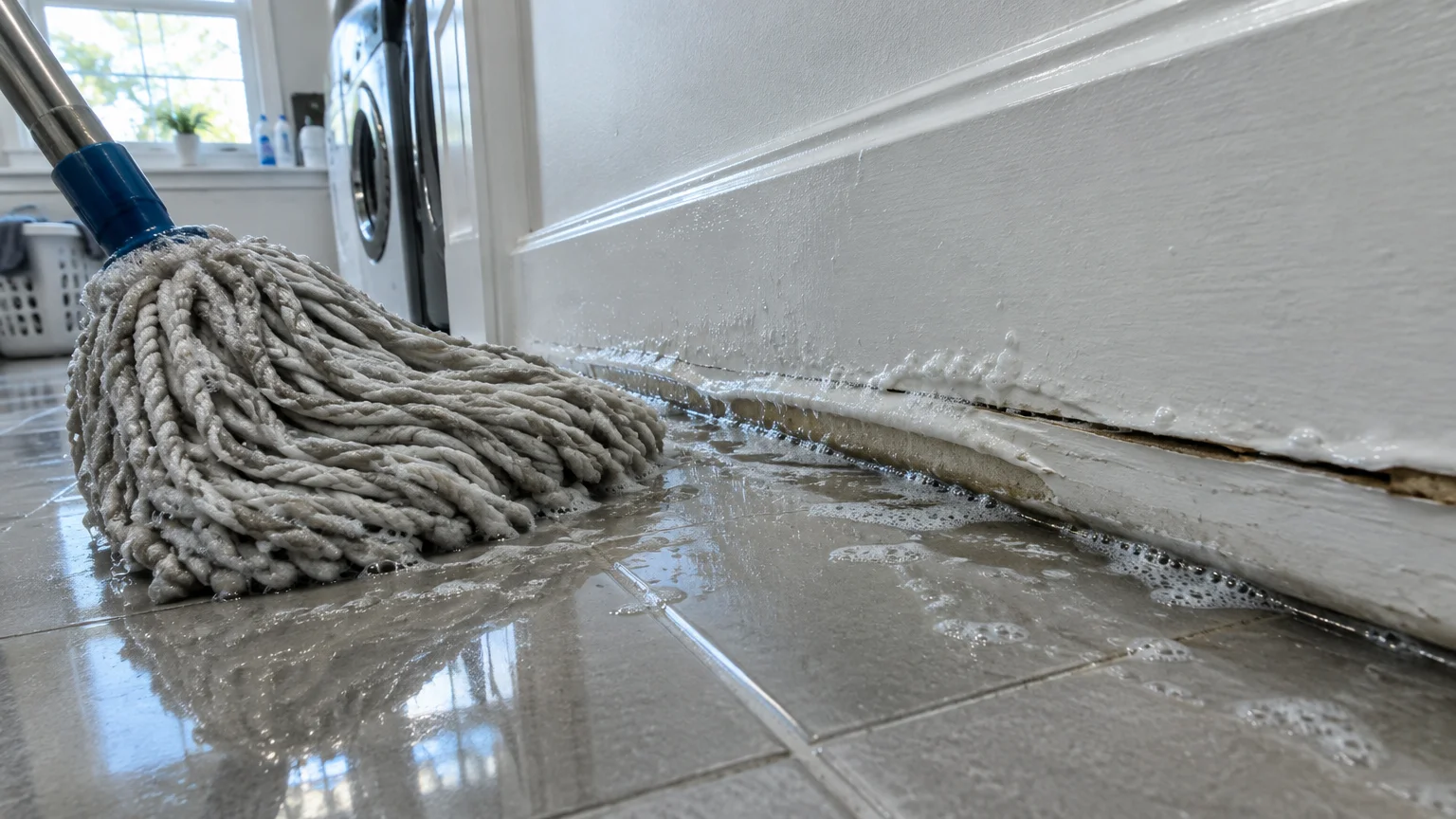 A wet string mop pushes sudsy water against a white baseboard, pooling liquid on a tiled floor.