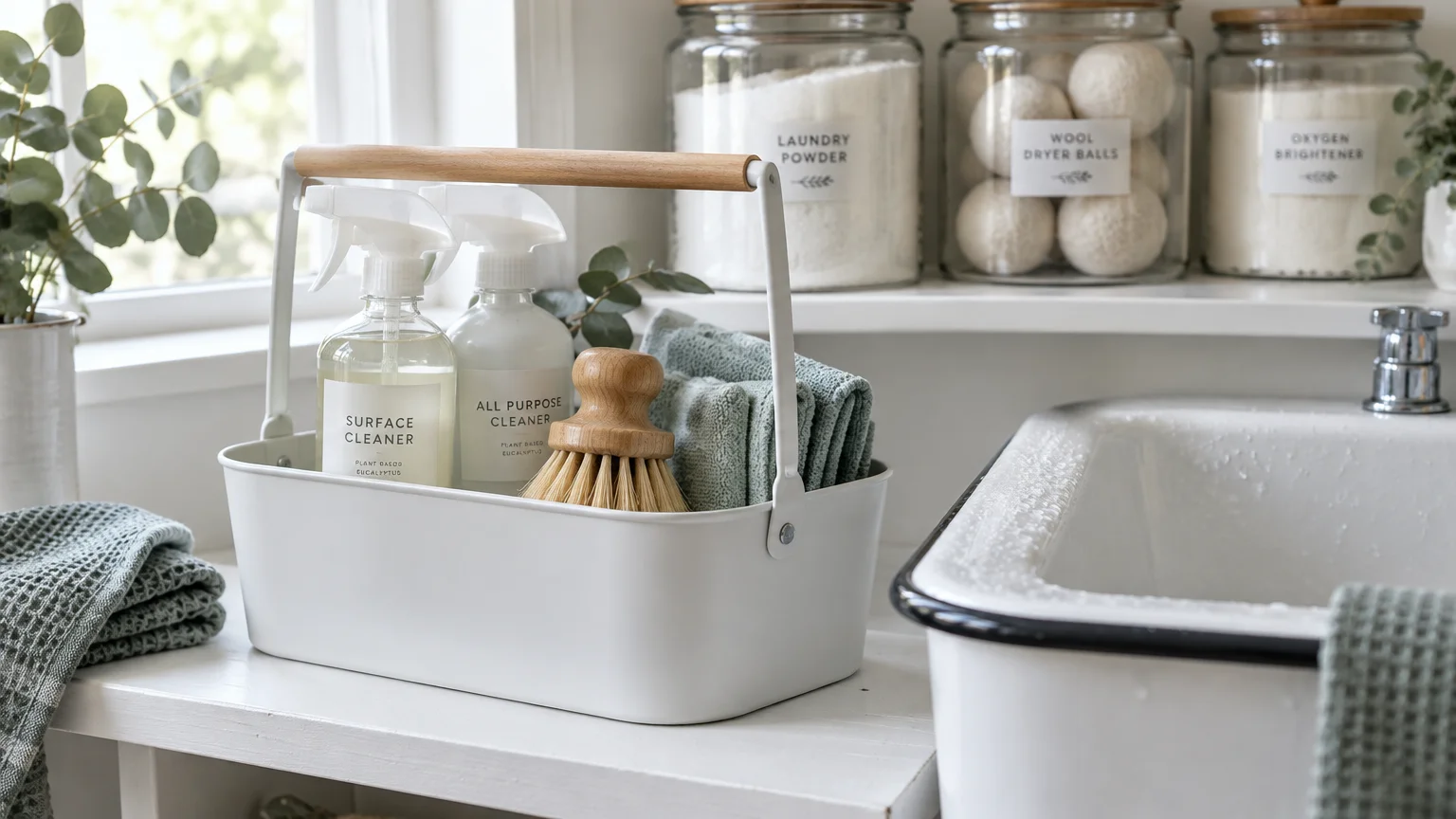 A white cleaning caddy with spray bottles, scrub brush, and towels sits next to a sink near glass jars.