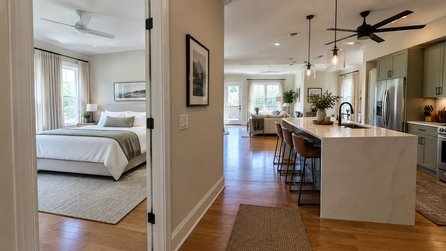 View of a modern open-concept home showing a bedroom with a white ceiling fan alongside an open kitchen with a black fan.