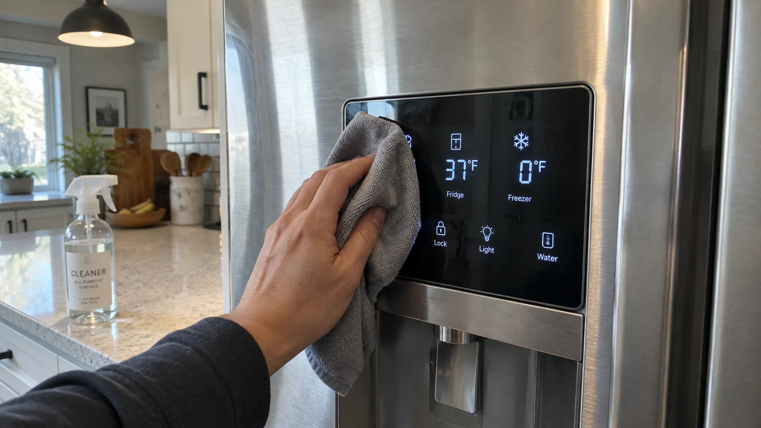 A person using a grey microfiber cloth to wipe the digital dispenser display on a stainless steel refrigerator.