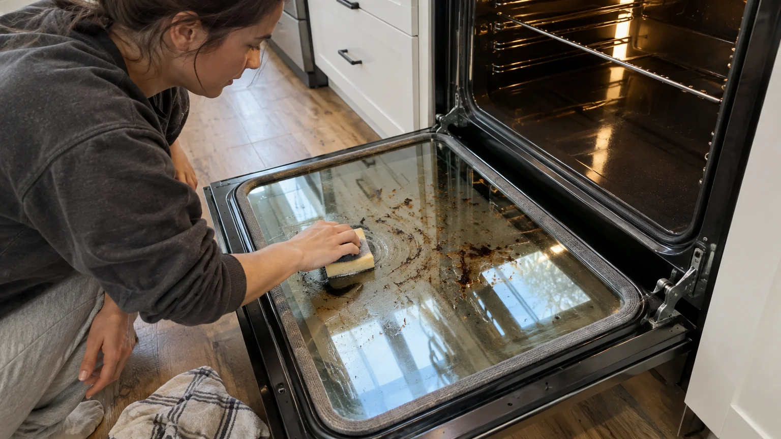 A woman kneeling on a kitchen floor scrubs grease stains from an open oven door glass with a sponge.