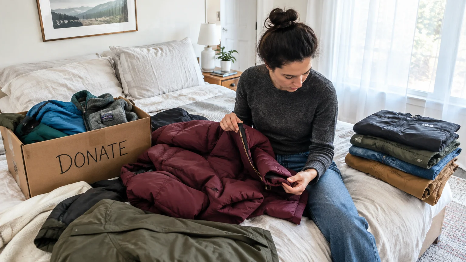 A woman sits on a bed sorting jackets, inspecting a zipper beside folded clothes and a donate box.