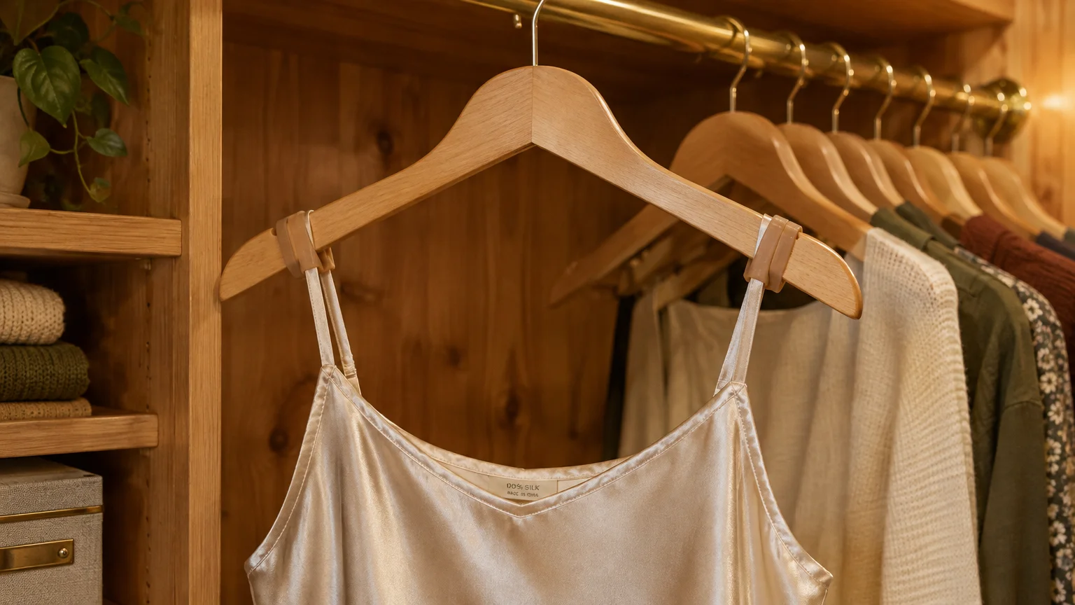 Silk camisole hanging on a wooden hanger with rubber bands wrapped around both arms in a closet.