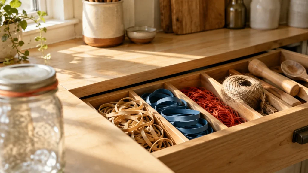 Open wooden kitchen drawer with compartments organizing rubber bands by color alongside twine and wooden utensils.