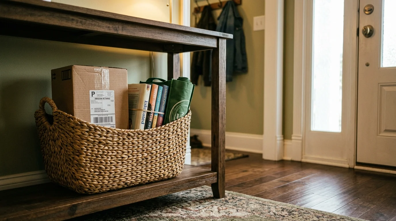 A woven basket holding a cardboard parcel, books, and a tote bag sits on the lower shelf of an entryway console table.