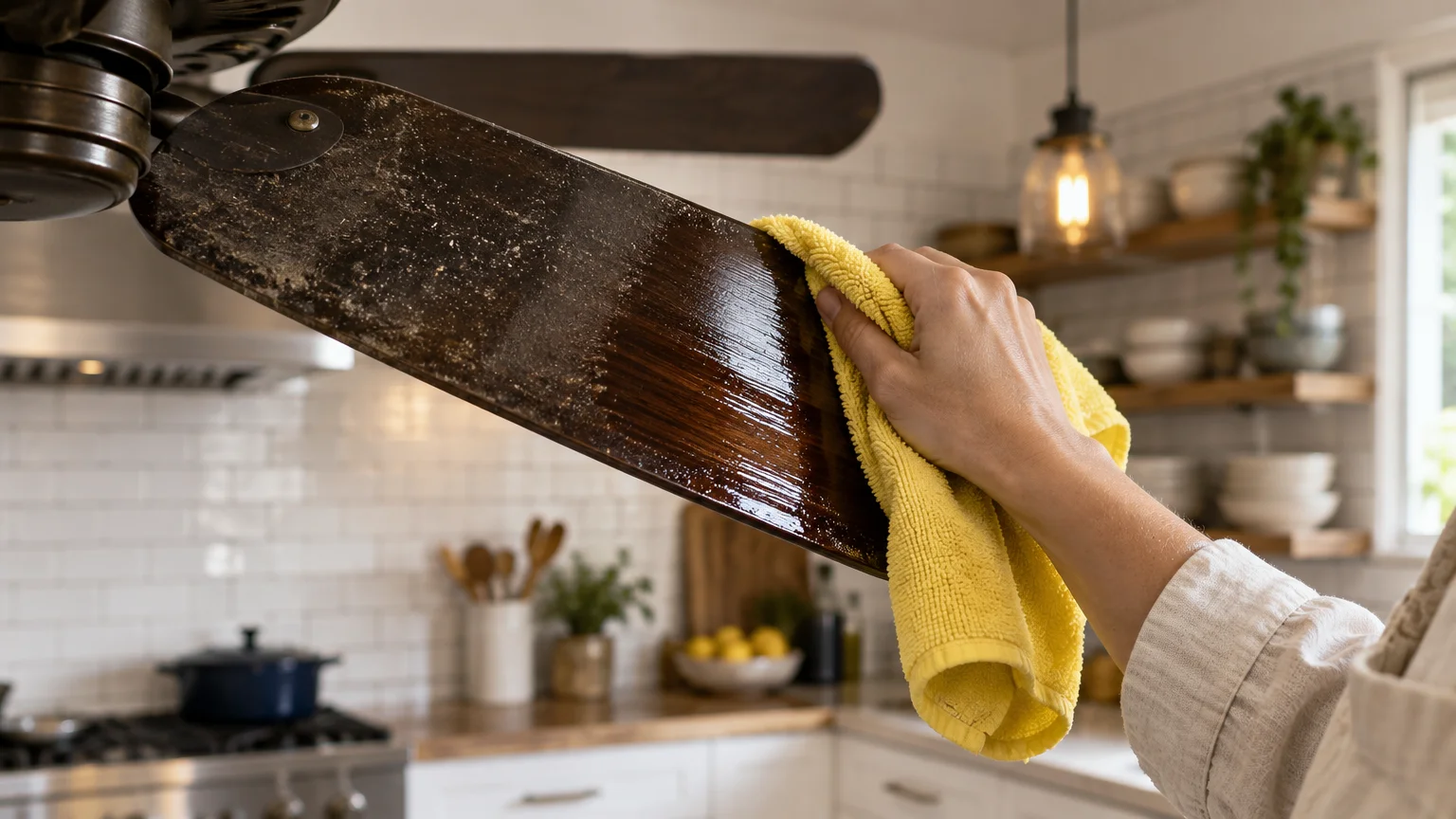 A hand wipes dust and grime off a dark wooden ceiling fan blade using a yellow microfiber cloth in a kitchen.
