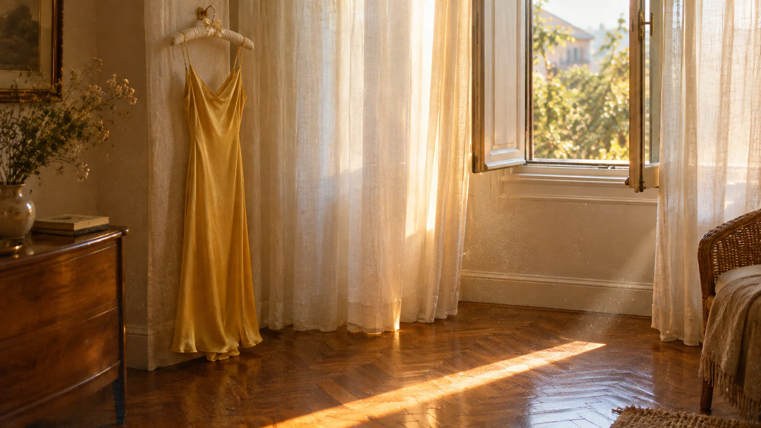 A yellow silk slip dress hangs on a wall next to sheer white curtains and an open window in a sunlit room.