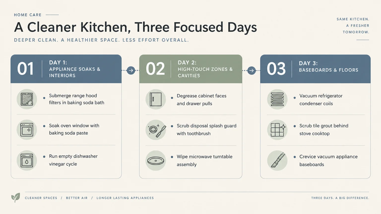 Infographic showing a three-day kitchen cleaning plan divided into daily step-by-step tasks with icons.