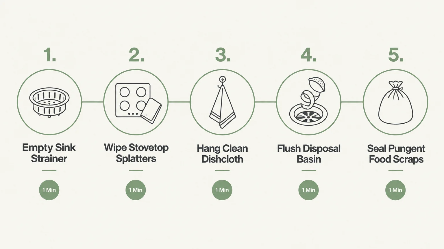 Green infographic showing five numbered one-minute cleaning steps with icons from sink strainer to sealed food scraps.