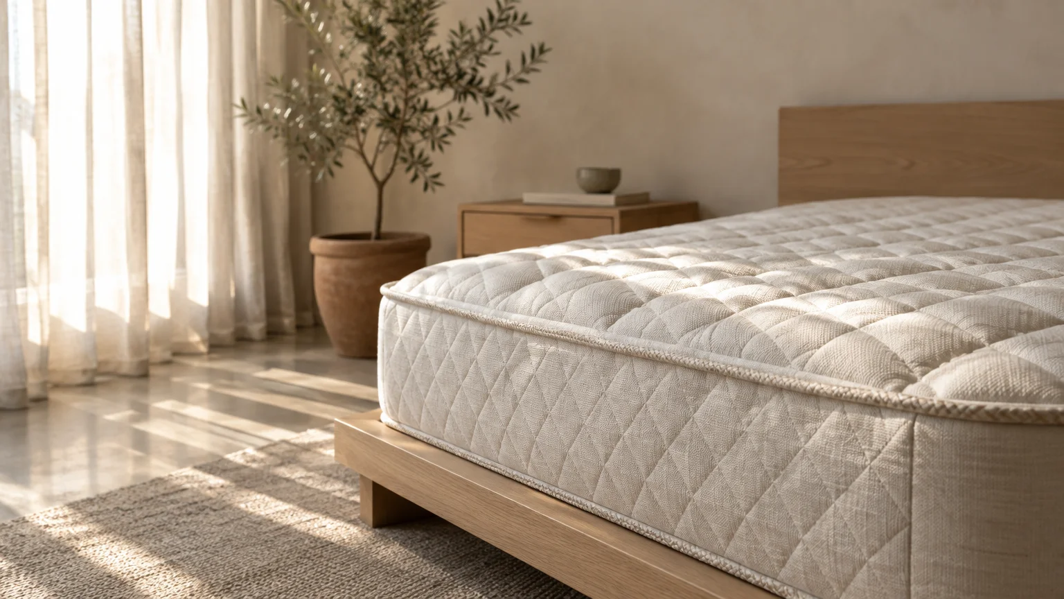 Close-up of a quilted beige mattress on a light wooden bed frame in a sunlit bedroom with a potted tree.