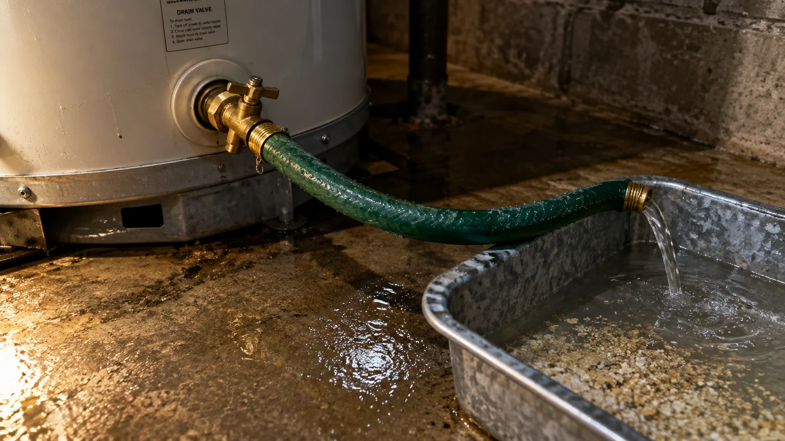 Water draining with mineral sediment from a water heater hose into a galvanized metal pan on a concrete floor.