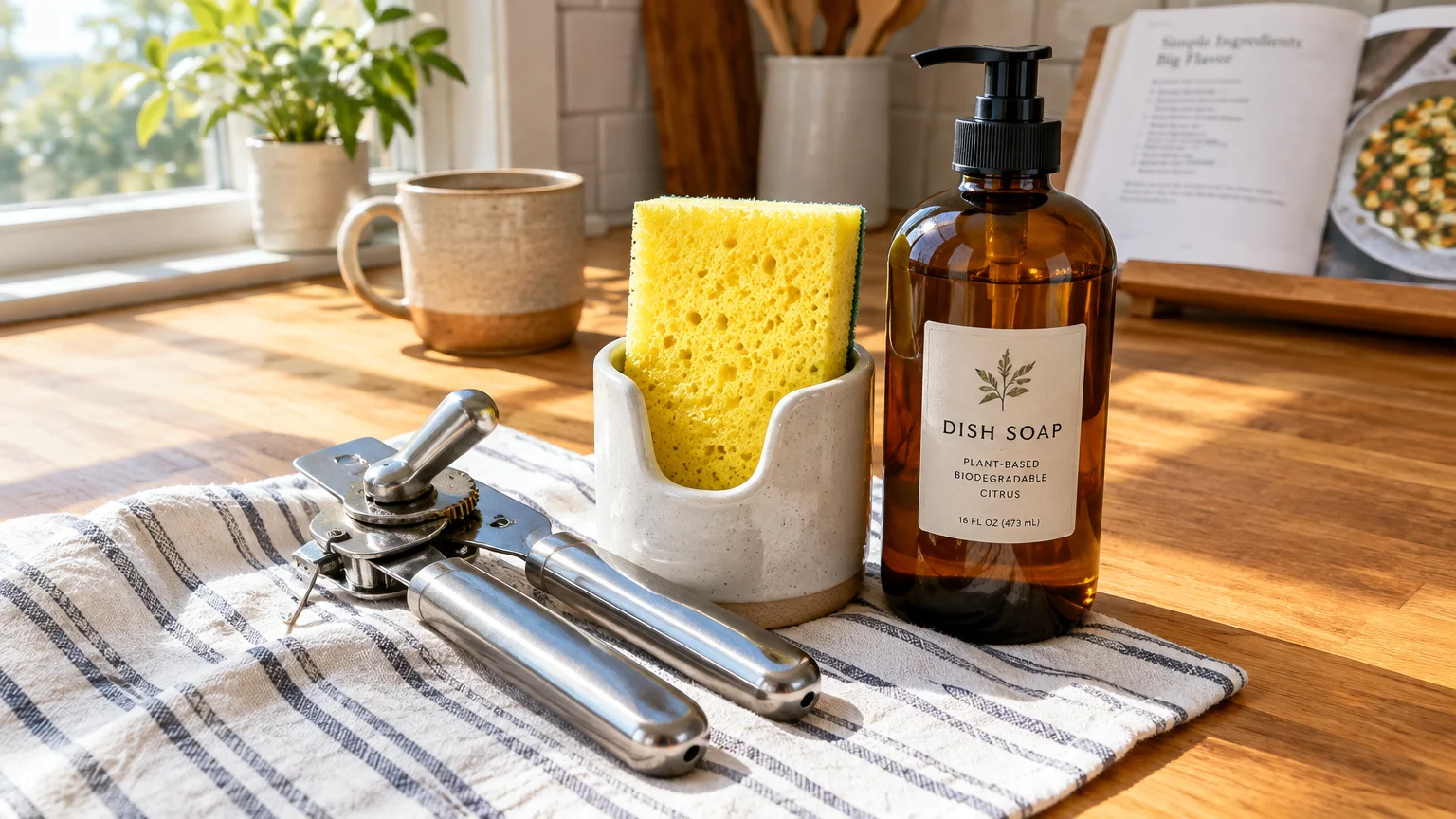 Stainless steel can opener, yellow sponge in a ceramic holder, and amber bottle of dish soap on a kitchen counter.