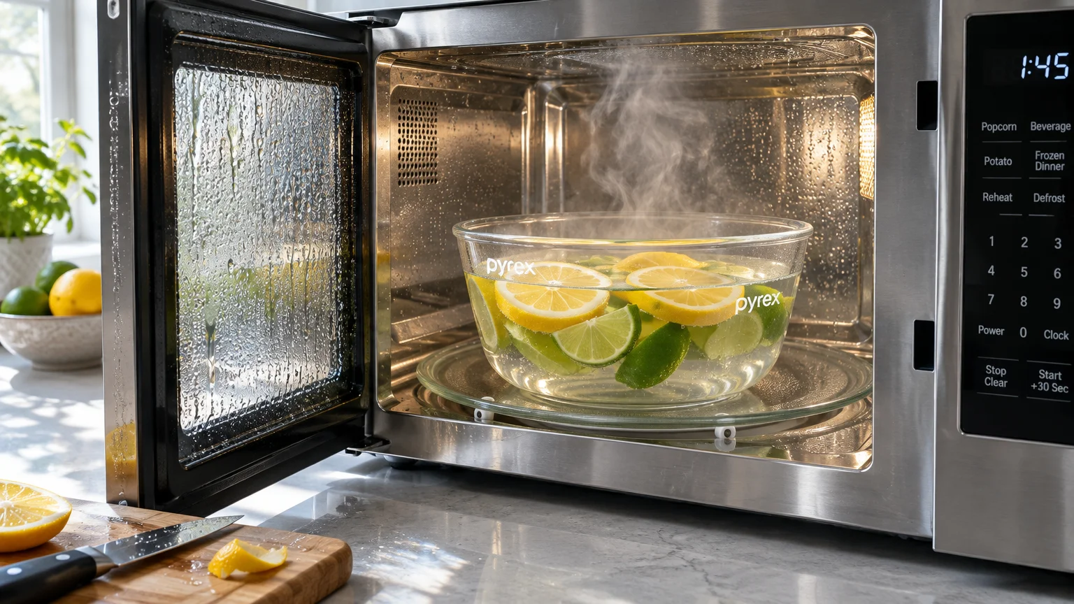 Steaming glass bowl of water with sliced lemons and limes sitting inside an open, condensation-covered microwave.