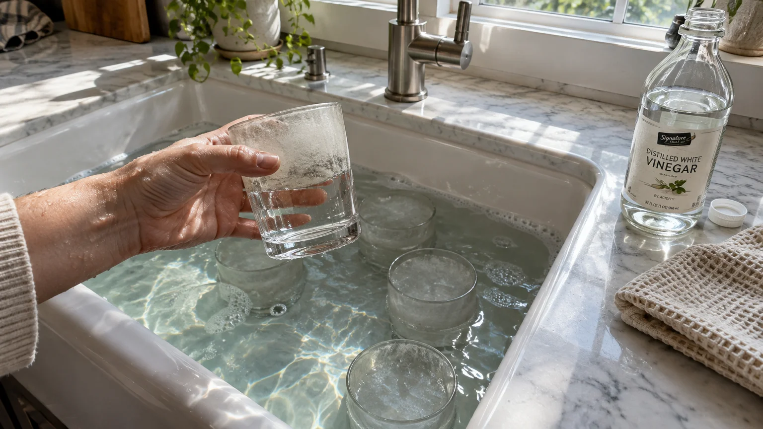 A hand lifting a cloudy glass from a sink full of soaking glassware next to a bottle of distilled white vinegar.