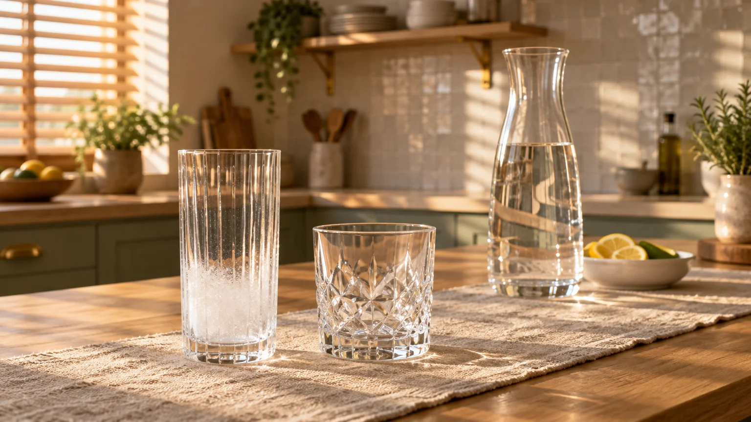Clear drinking glasses and a water carafe sitting on a kitchen table runner in warm sunlight.