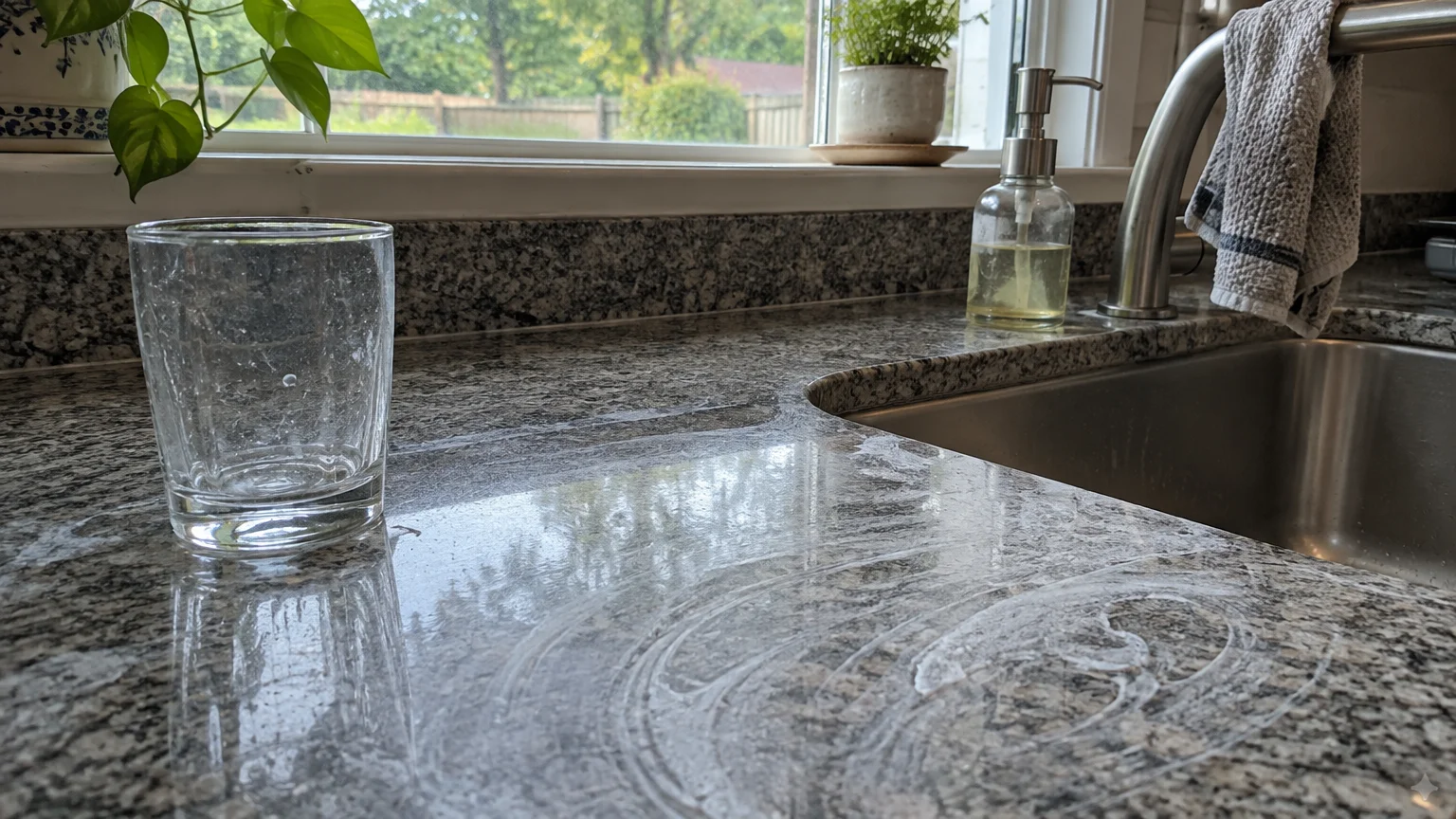 Streaky, hazy white residue smeared across a grey granite countertop beside a kitchen sink and clear glass.