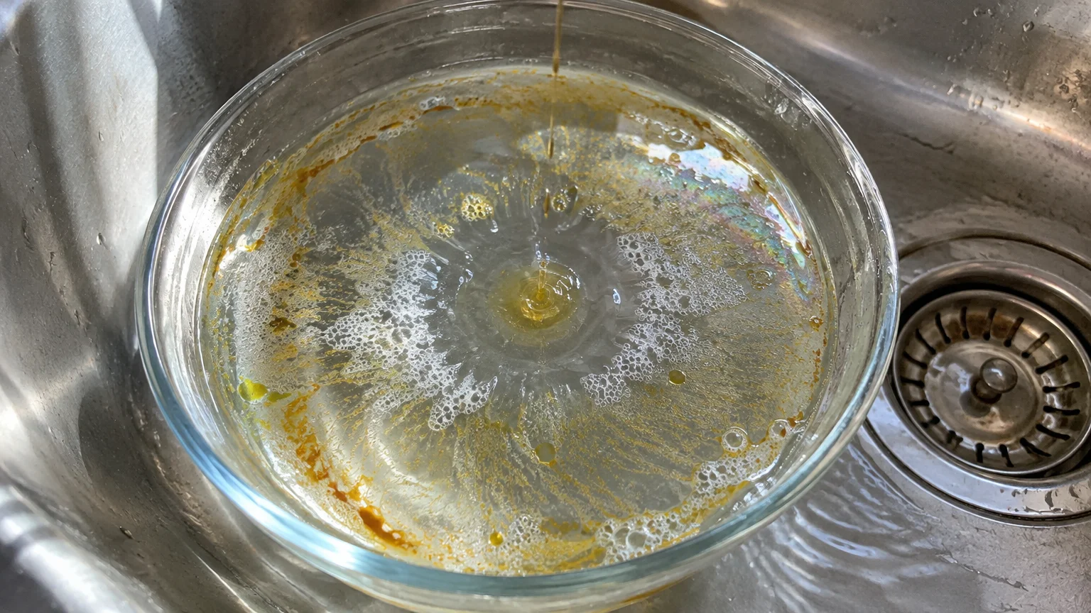 Liquid soap dripping into a water-filled glass bowl inside a stainless steel sink, dispersing oil across the surface.
