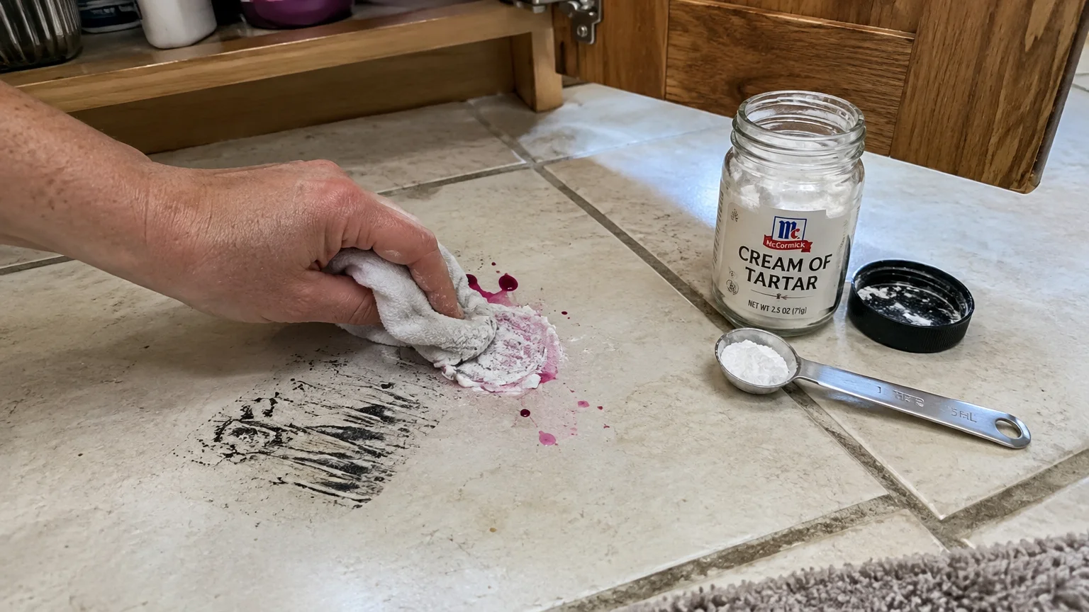 A hand scrubs a pink stain on floor tile with a cloth near an open jar and measuring spoon of cream of tartar.