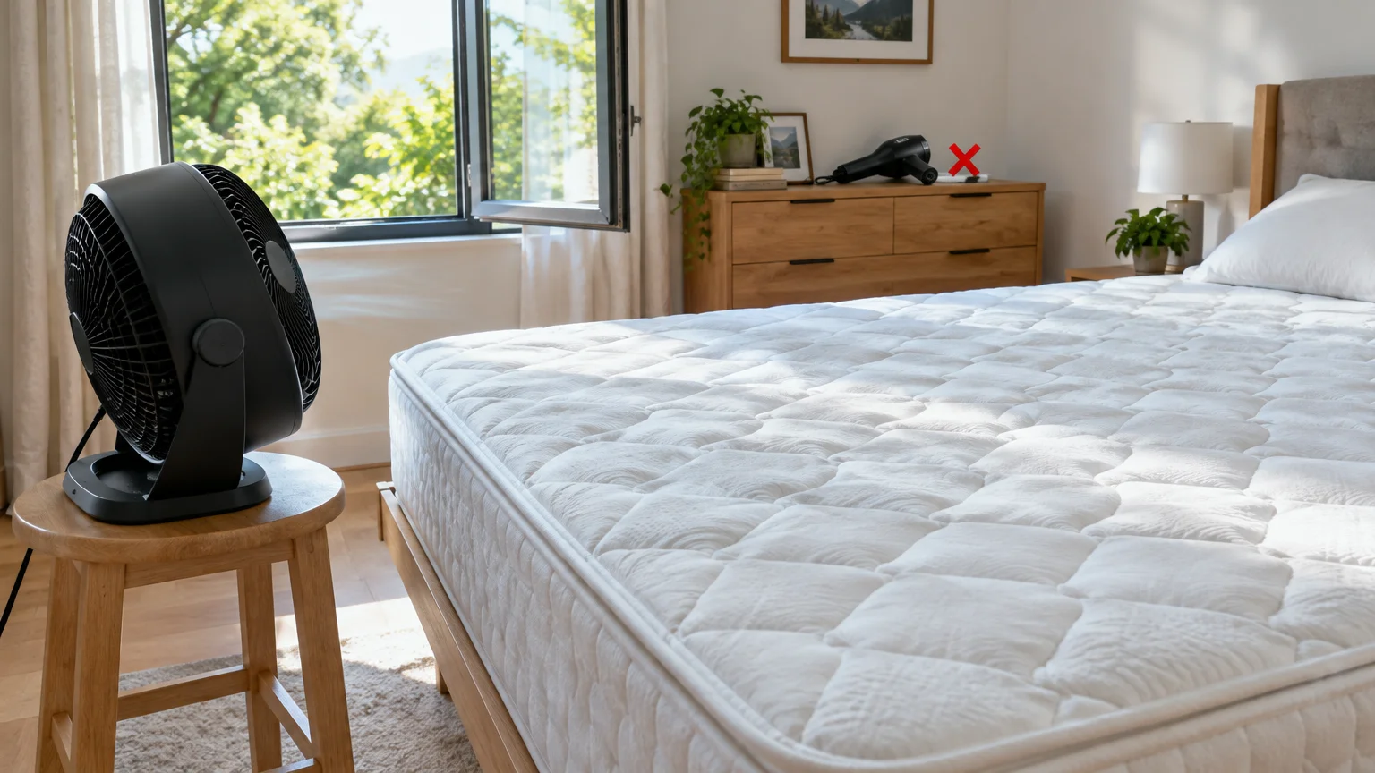 Black electric fan on a stool blowing air toward a bare mattress near an open window, with a hair dryer crossed out.