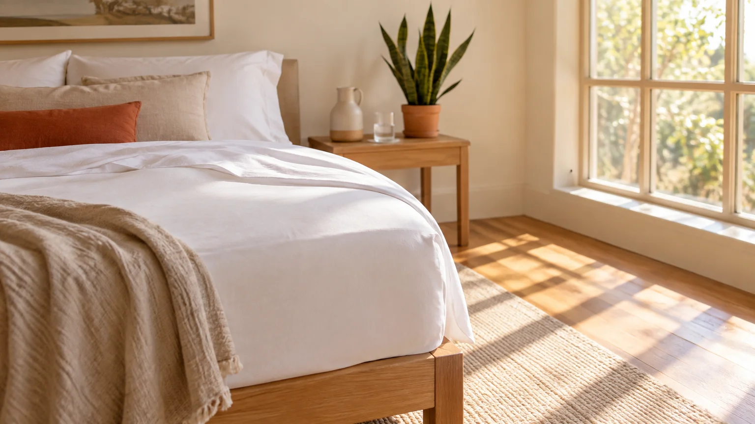 Wooden bed with white bedding next to a sunlit window, wooden nightstand, and potted snake plant.